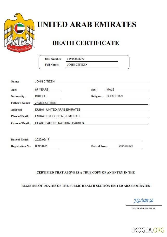 Modèle Word et PDF de certificat de décès de l'état civil des Émirats arabes unis